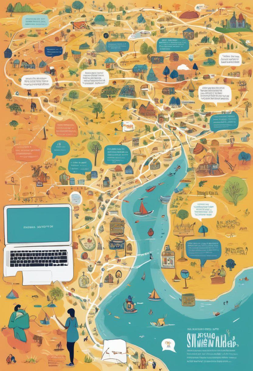 A creative map showcasing various blog types connected by vibrant pathways, each path representing different aspects of the HSWZ community, with illustrations of diverse bloggers collaborating and sharing ideas. Include elements like colorful speech bubbles, laptop icons, and organic shapes symbolizing vibrant discussions. Bright colors and an inviting atmosphere to inspire a sense of community. digital illustration. vibrant colors. interactive style.