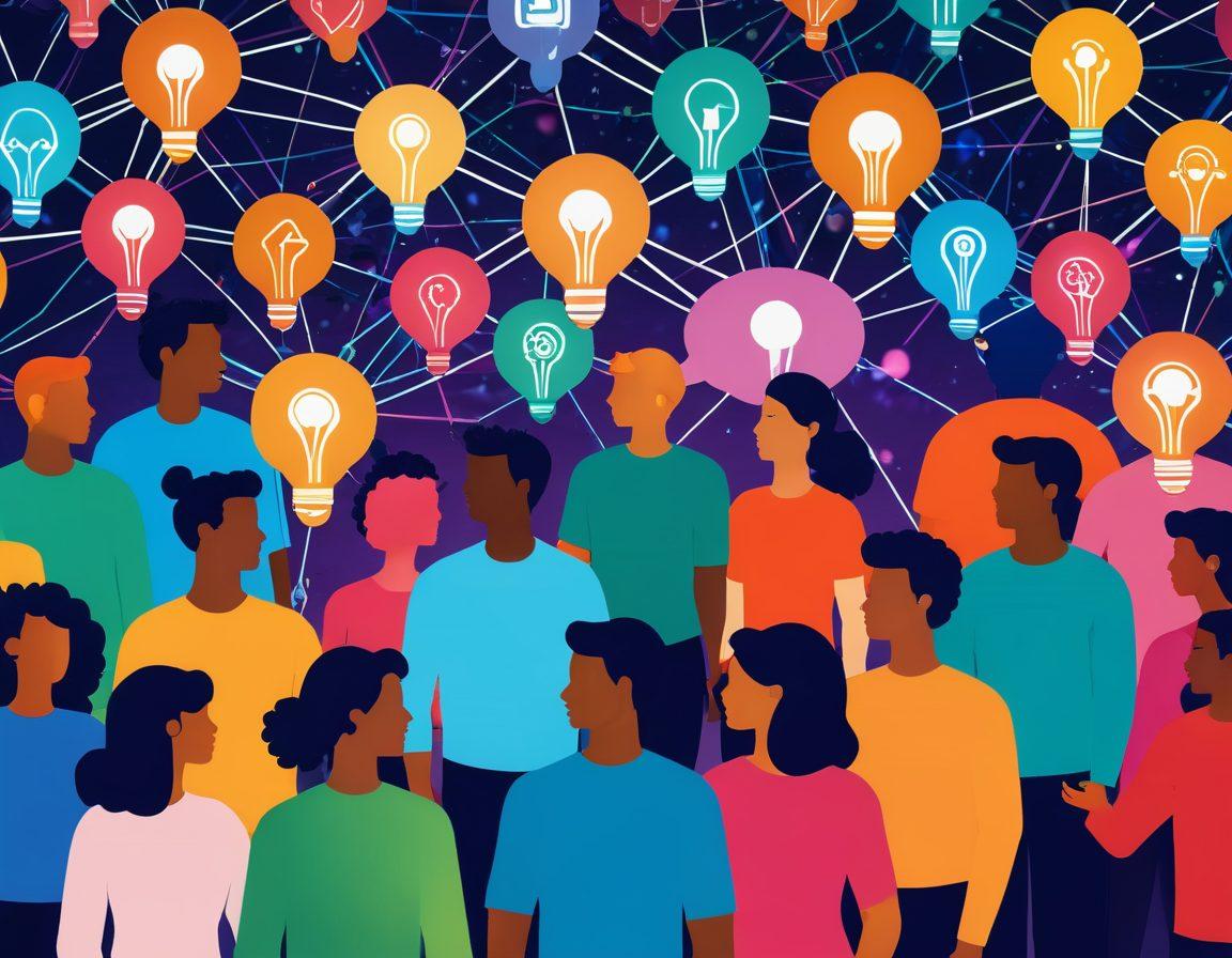 A vibrant illustration of diverse individuals engaging in lively discussions, surrounded by interconnected nodes representing a network. Incorporate symbols of sharing and connection, like speech bubbles and light bulbs, to symbolize insights. The scene should evoke a sense of community and collaboration, with a warm color palette. super-realistic. vibrant colors. 3D.